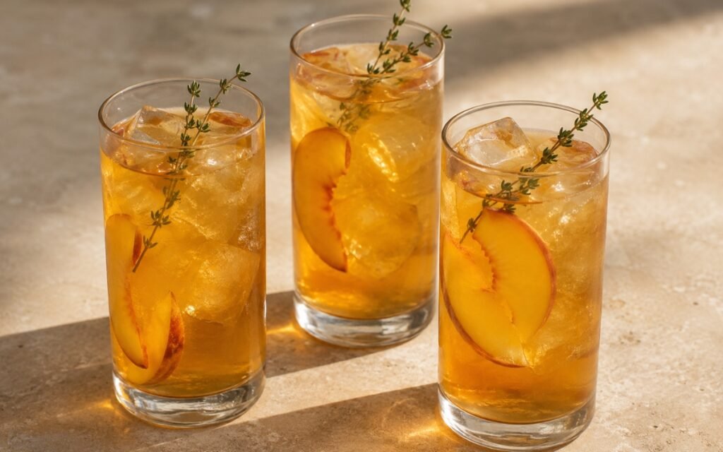 Peach thyme iced tea in a tall glass showing golden-amber still drink over ice with thin peach slices visible in the drink and a small fresh thyme sprig resting on the ice on marble surface