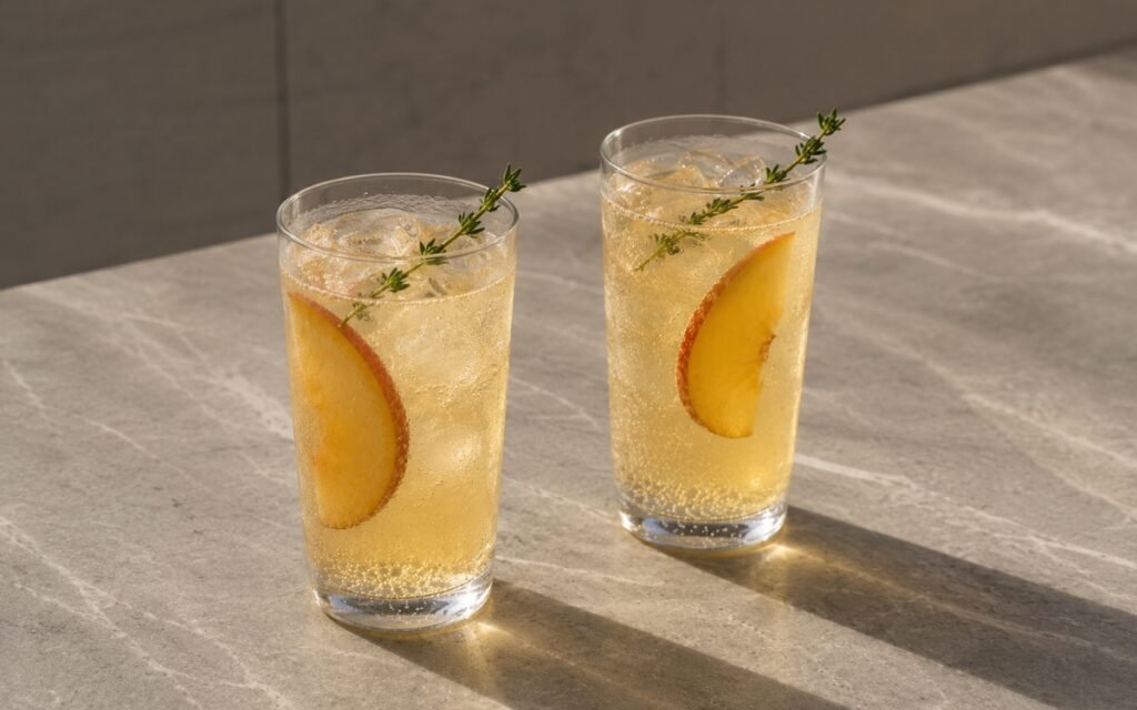 Peach white tea spritzer mocktail in a tall glass showing pale golden sparkling drink over ice with a thin peach slice inside the drink and a small thyme sprig resting on the ice on marble surface