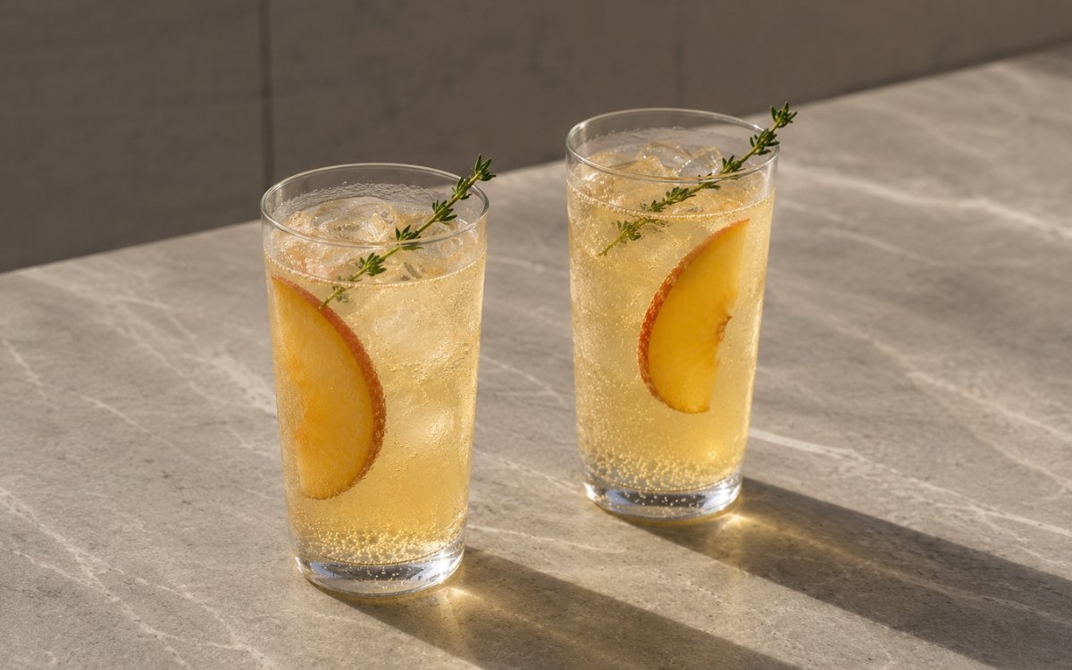 Peach white tea spritzer mocktail in a tall glass showing pale golden sparkling drink over ice with a thin peach slice inside the drink and a small thyme sprig resting on the ice on marble surface