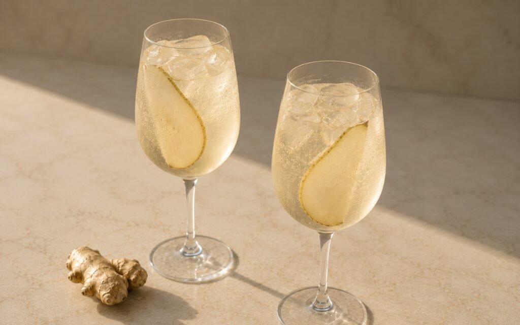 Pear ginger sparkler mocktail in a wine glass showing pale gold sparkling drink over ice with a very thin translucent pear slice visible inside the glass on marble surface
