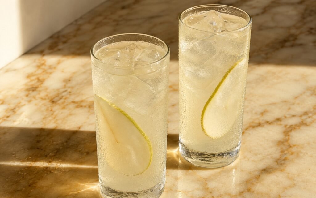 Pear lemonade in a tall glass showing pale golden-clear still drink over ice with a lemon slice and thin pear slices visible in the drink on marble surface