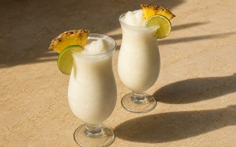 Piña colada mocktail in hurricane glasses with thick creamy frozen white pineapple coconut slush, pineapple wedge and lime slice on the rim on a warm beige marble surface