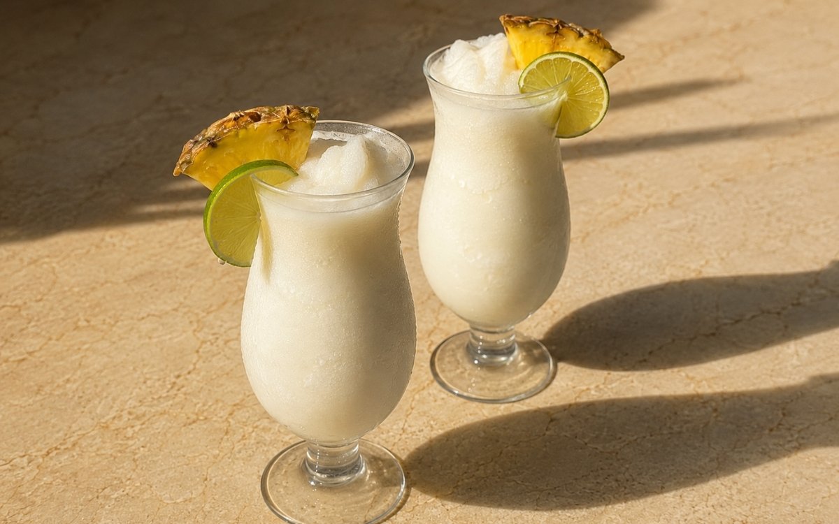 Piña colada mocktail in hurricane glasses with thick creamy frozen white pineapple coconut slush, pineapple wedge and lime slice on the rim on a warm beige marble surface