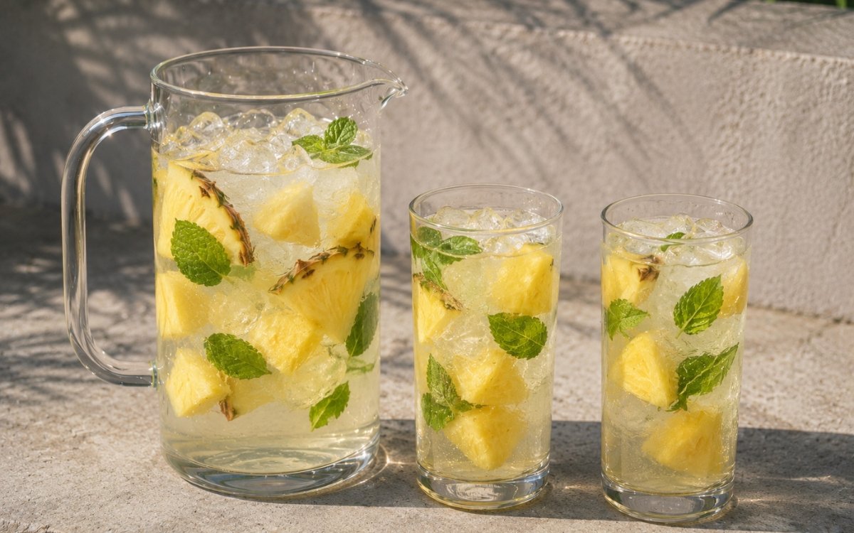 Pineapple mint infused water in a large pitcher showing pale golden water with pineapple chunks and fresh mint leaves visible throughout on marble surface