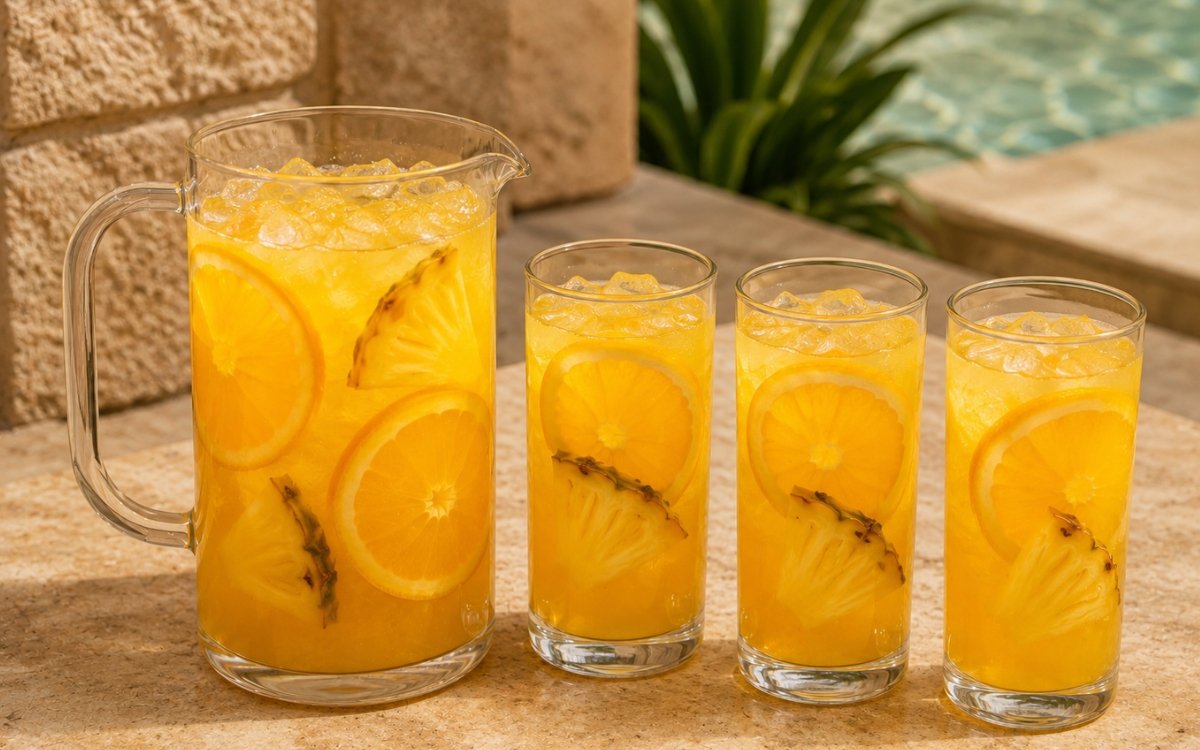 Large pineapple orange pitcher showing vivid golden-amber still drink with orange rounds and fresh pineapple slices visible on marble surface