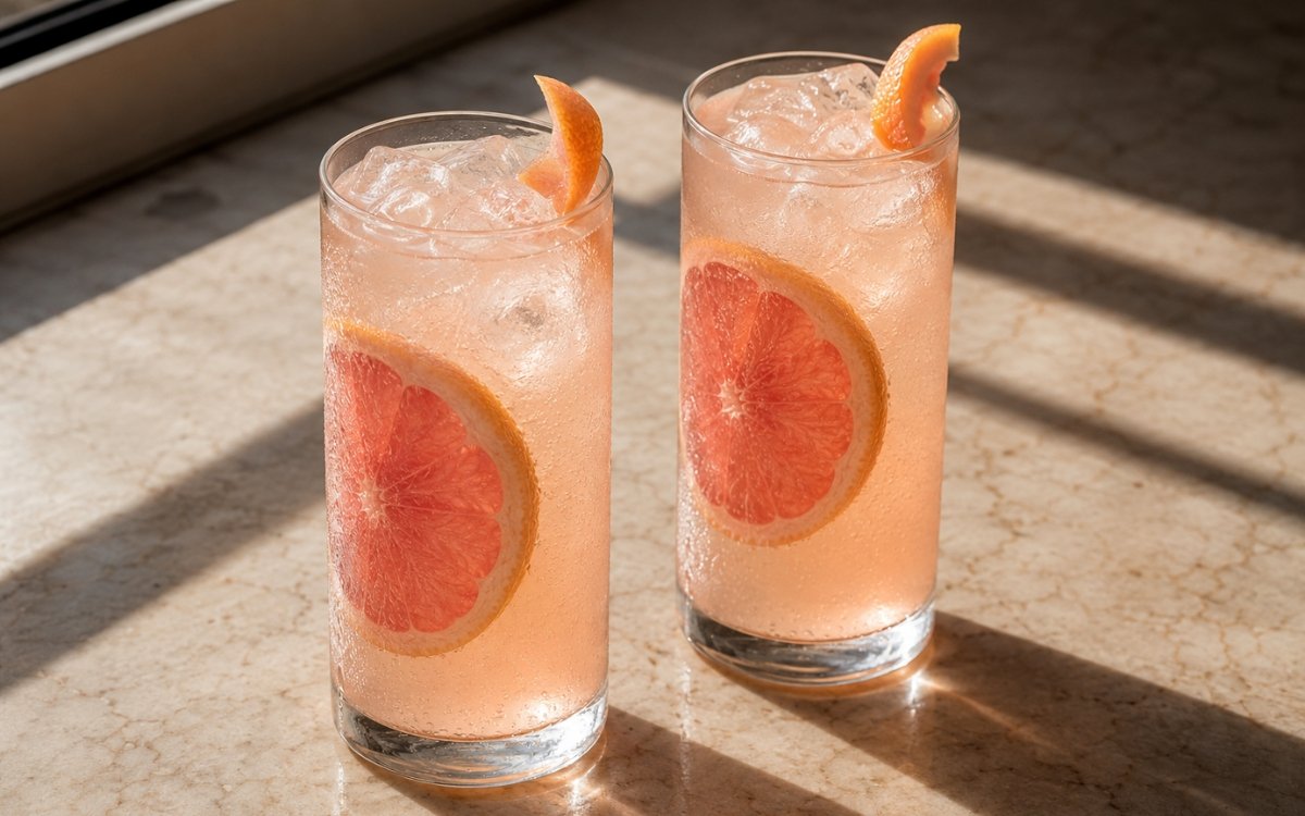Pink grapefruit lemonade in a tall glass showing vivid amber-pink still drink over ice with a pink grapefruit slice against the glass on marble surface