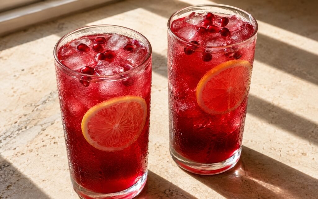 Pomegranate lemonade in a tall glass showing vivid ruby-red still drink over ice with a lemon slice and pomegranate arils on the ice on marble surface