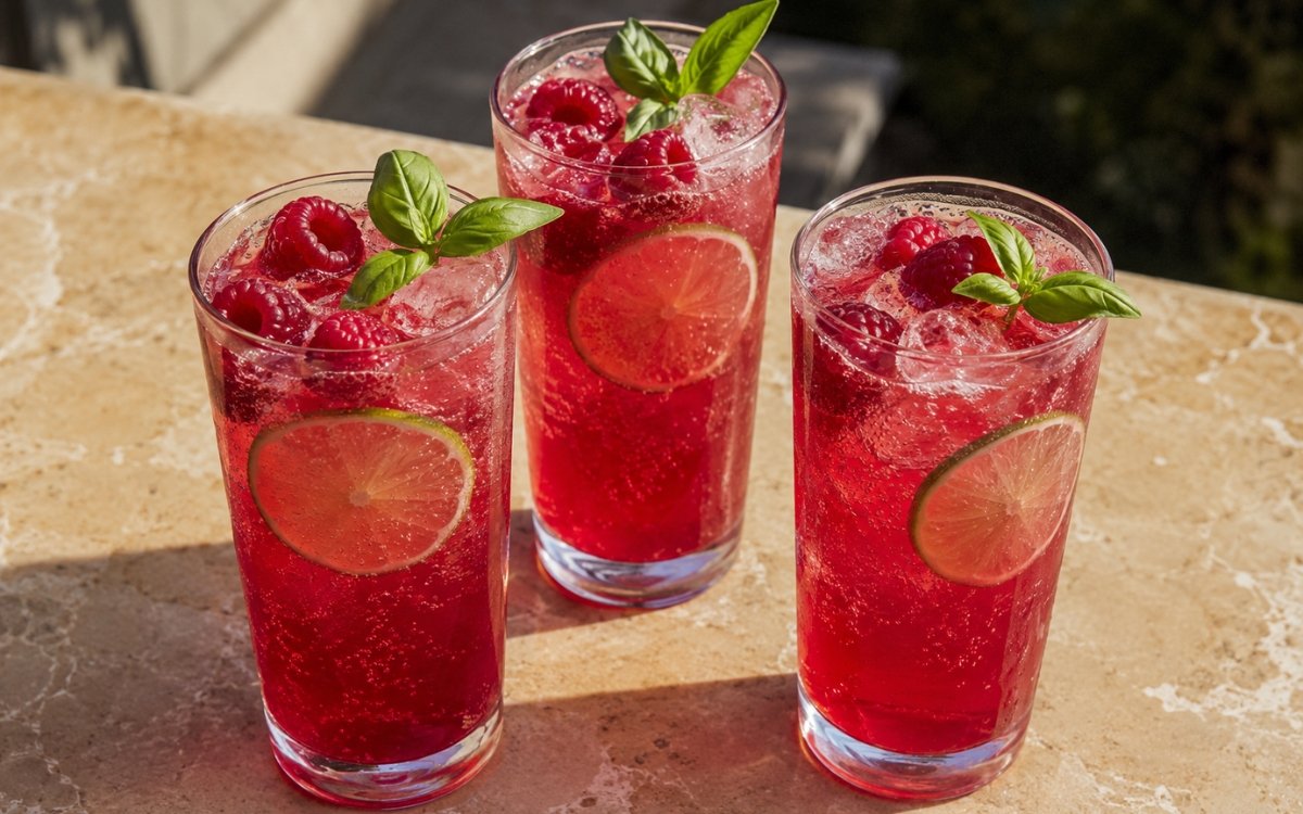 Raspberry basil limeade in a tall glass showing vivid ruby-red sparkling drink over ice with a lime slice against the glass, fresh raspberries on the ice, and a small basil sprig on top on marble surface