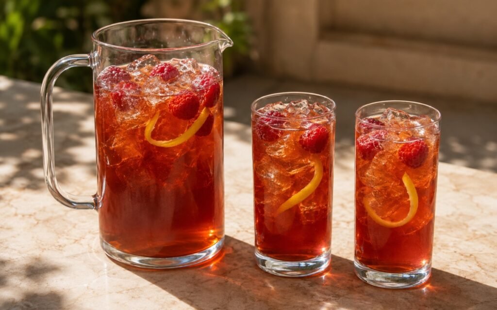 Large raspberry iced tea pitcher showing vivid ruby-red still drink with fresh raspberries and lemon peel twists visible on marble surface