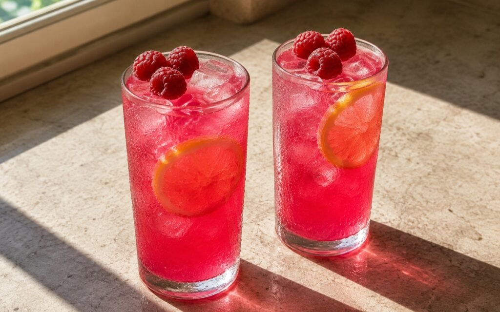 Raspberry lemonade in a tall glass showing vivid ruby-red still drink over ice with a lemon slice and fresh raspberries on the ice on marble surface