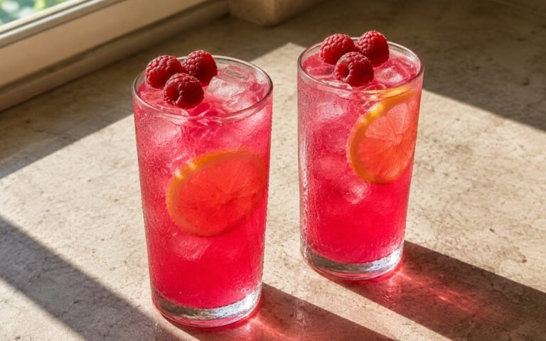 Raspberry lemonade in a tall glass showing vivid ruby-red still drink over ice with a lemon slice and fresh raspberries on the ice on marble surface