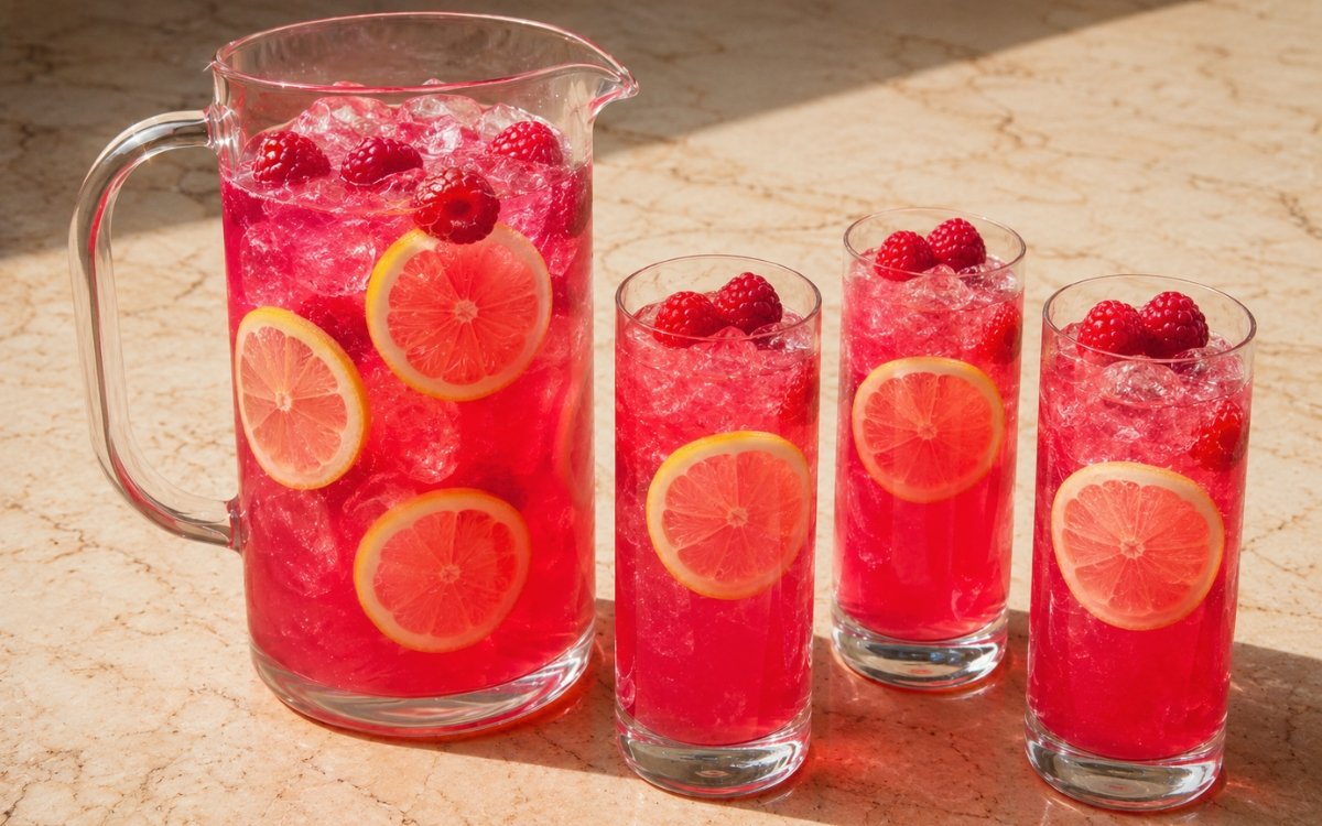 Large raspberry lemonade pitcher showing vivid ruby-red still drink with lemon slices and fresh raspberries visible throughout on marble surface