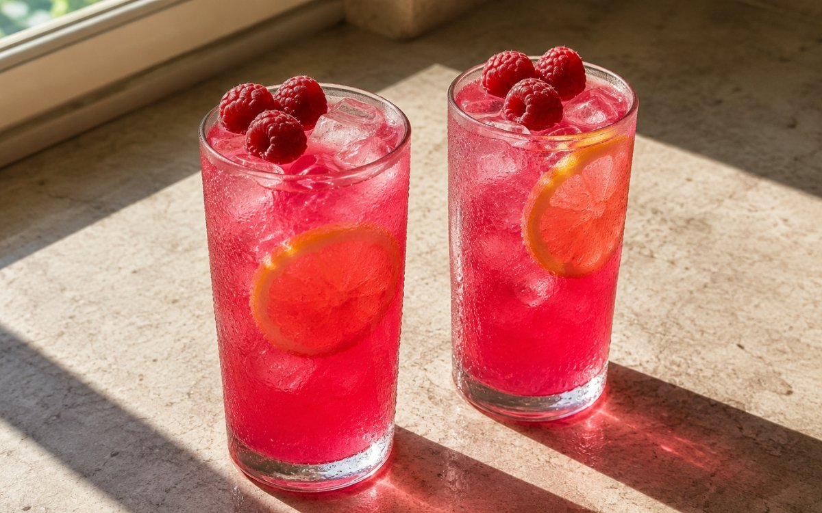 Raspberry lemonade in a tall glass showing vivid ruby-red still drink over ice with a lemon slice and fresh raspberries on the ice on marble surface