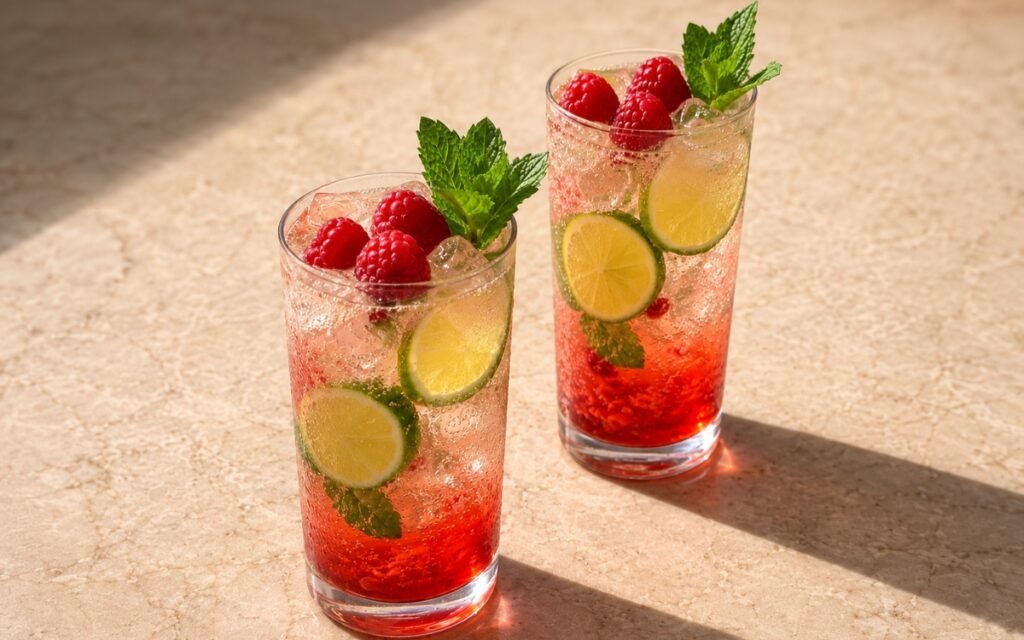 Raspberry mojito mocktail in tall highball glasses with pink-red sparkling liquid, lime wheel slices, fresh raspberries and mint sprig on a warm beige marble surface