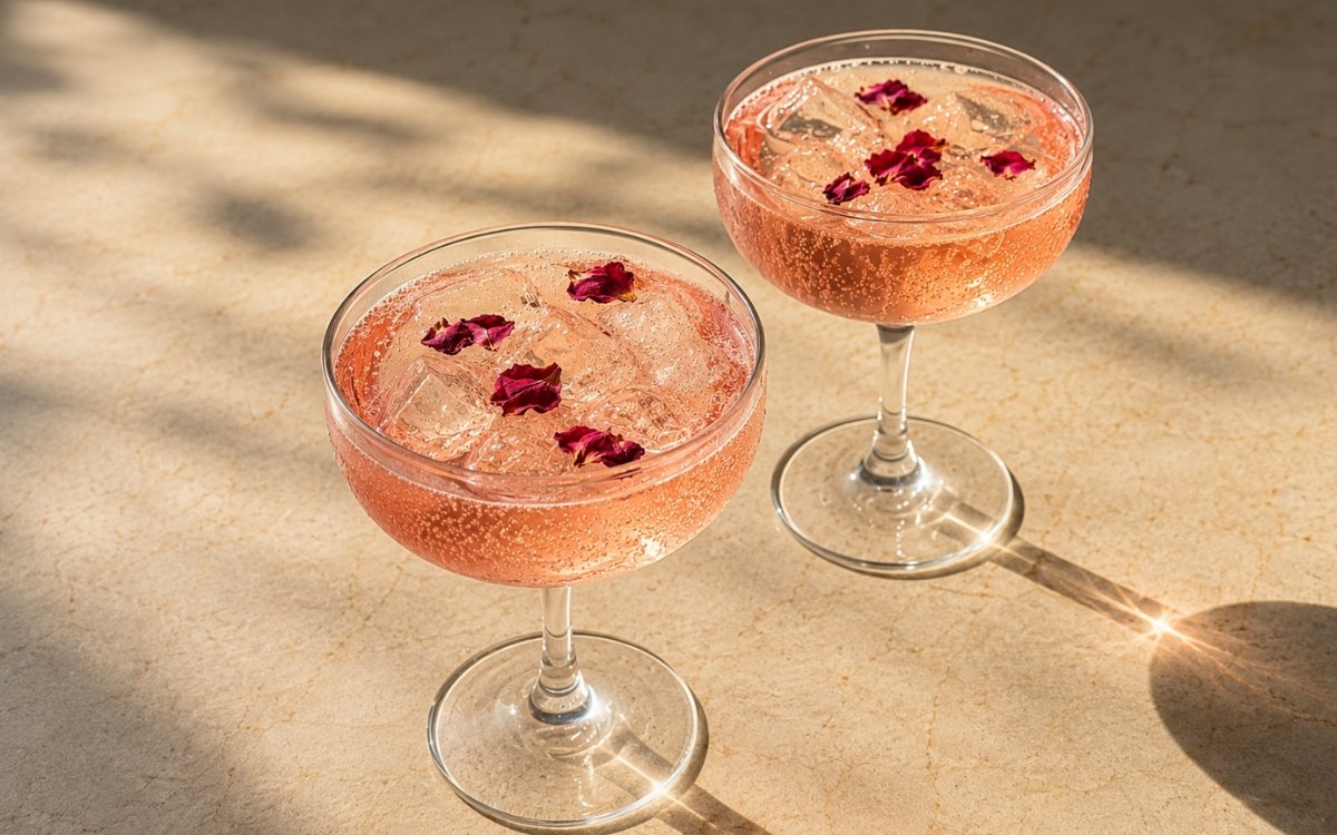Rose hibiscus mocktail in coupe glasses with pale pink sparkling liquid and dried rose petals scattered across the surface on a warm light marble surface