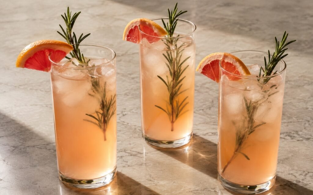 Rosemary grapefruit white tea cooler in a tall glass showing pale amber still drink over ice with a grapefruit wedge and fresh rosemary sprig on marble surface
