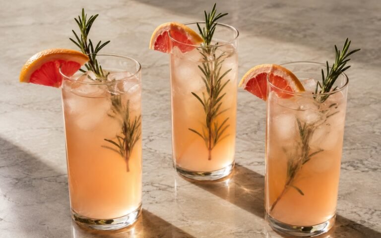 Rosemary grapefruit white tea cooler in a tall glass showing pale amber still drink over ice with a grapefruit wedge and fresh rosemary sprig on marble surface