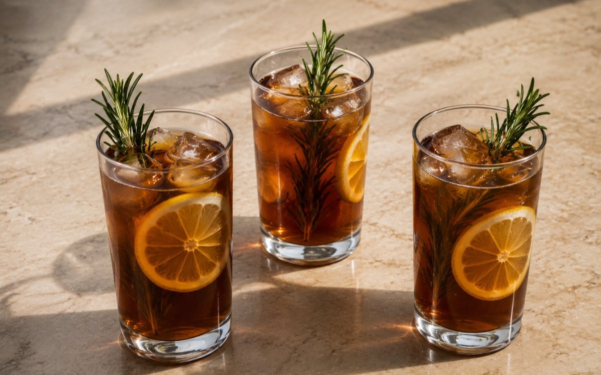 Rosemary lemon cold brew black tea in a tall glass showing smooth amber still drink over ice with a fresh rosemary sprig and lemon peel twist on marble surface