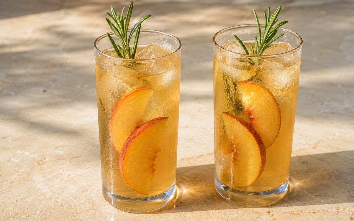 Rosemary peach white iced tea in a tall glass showing pale golden still drink over ice with peach slices and a fresh rosemary sprig on marble surface