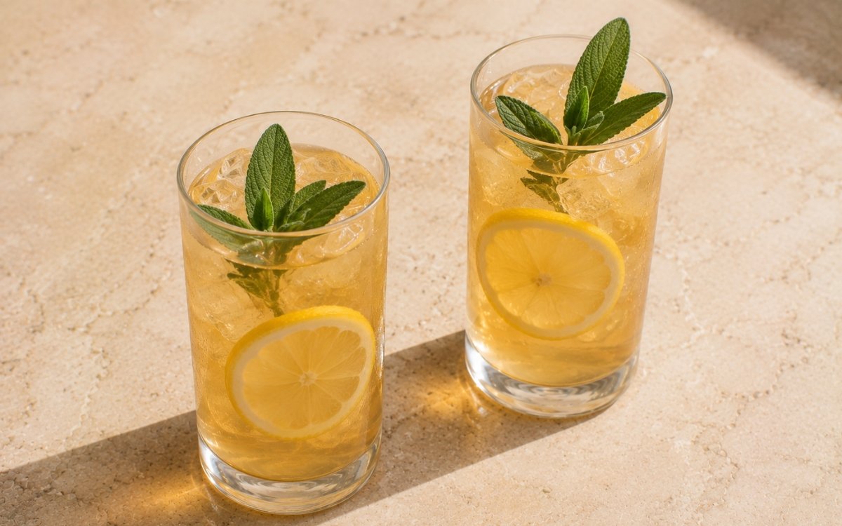 Sage citrus iced tea in a tall glass showing pale amber still drink over ice with a lemon slice and fresh sage leaves on marble surface