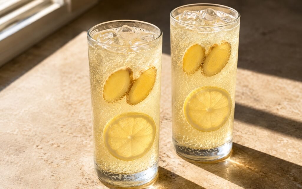 Sparkling ginger lemonade in a tall glass showing pale golden sparkling drink over ice with a lemon slice and thin ginger slice against the glass on marble surface