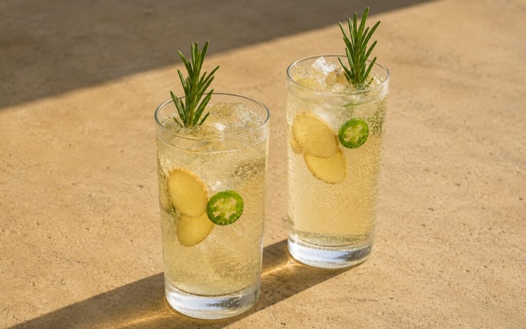 Spiced honey spritzer in tall highball glasses with pale golden sparkling liquid, fresh ginger slices, jalapeño round and rosemary sprig on a warm beige stone surface