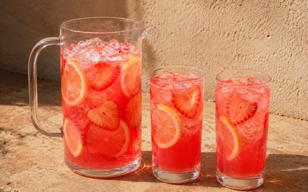 Large strawberry lemonade pitcher showing vivid pink-red still drink with lemon slices and fresh strawberry slices visible throughout on marble surface