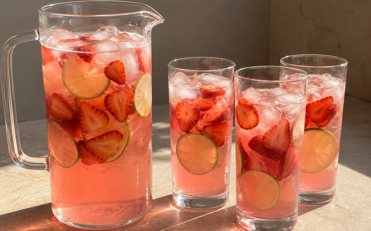 Strawberry lime infused water in a large pitcher showing pale blush-pink water with sliced strawberries and lime rounds visible throughout on marble surface