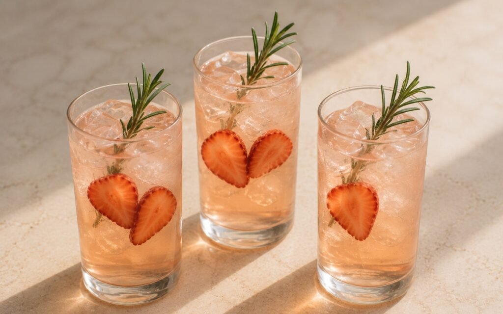 Strawberry rosemary iced white tea in a tall glass showing pale pink still drink over ice with thin strawberry slices against the glass and a small rosemary sprig resting on top on marble surface
