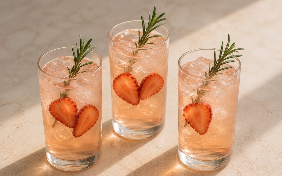 Strawberry rosemary iced white tea in a tall glass showing pale pink still drink over ice with thin strawberry slices against the glass and a small rosemary sprig resting on top on marble surface
