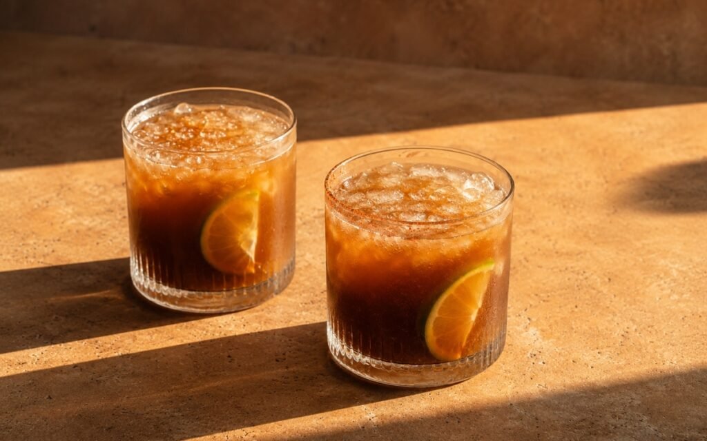 Tamarind chili agua fresca mocktail in a wide glass showing deep amber sparkling drink over crushed ice with a partial chili-salt rim, lime slice inside the glass, and a lime wedge on the rim on marble surface