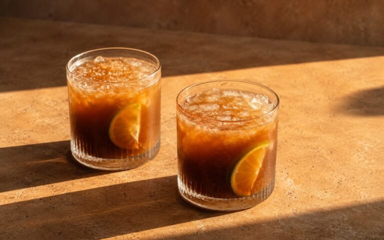 Tamarind chili agua fresca mocktail in a wide glass showing deep amber sparkling drink over crushed ice with a partial chili-salt rim, lime slice inside the glass, and a lime wedge on the rim on marble surface