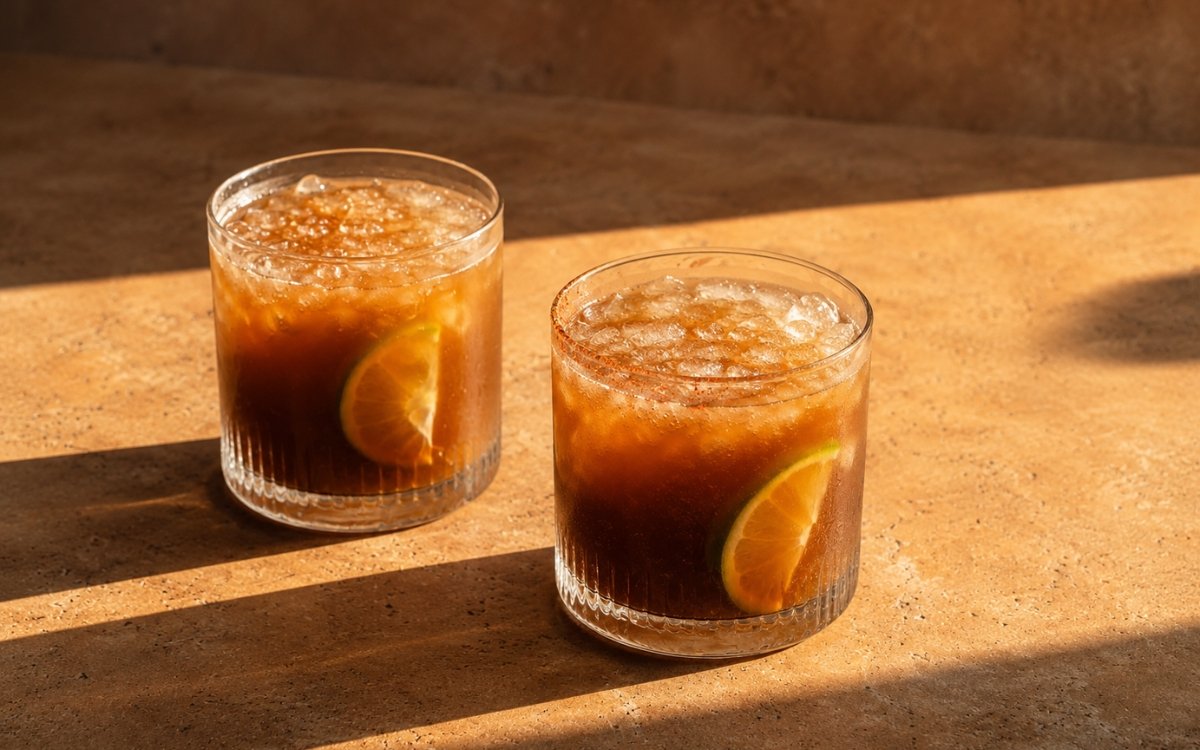 Tamarind chili agua fresca mocktail in a wide glass showing deep amber sparkling drink over crushed ice with a partial chili-salt rim, lime slice inside the glass, and a lime wedge on the rim on marble surface