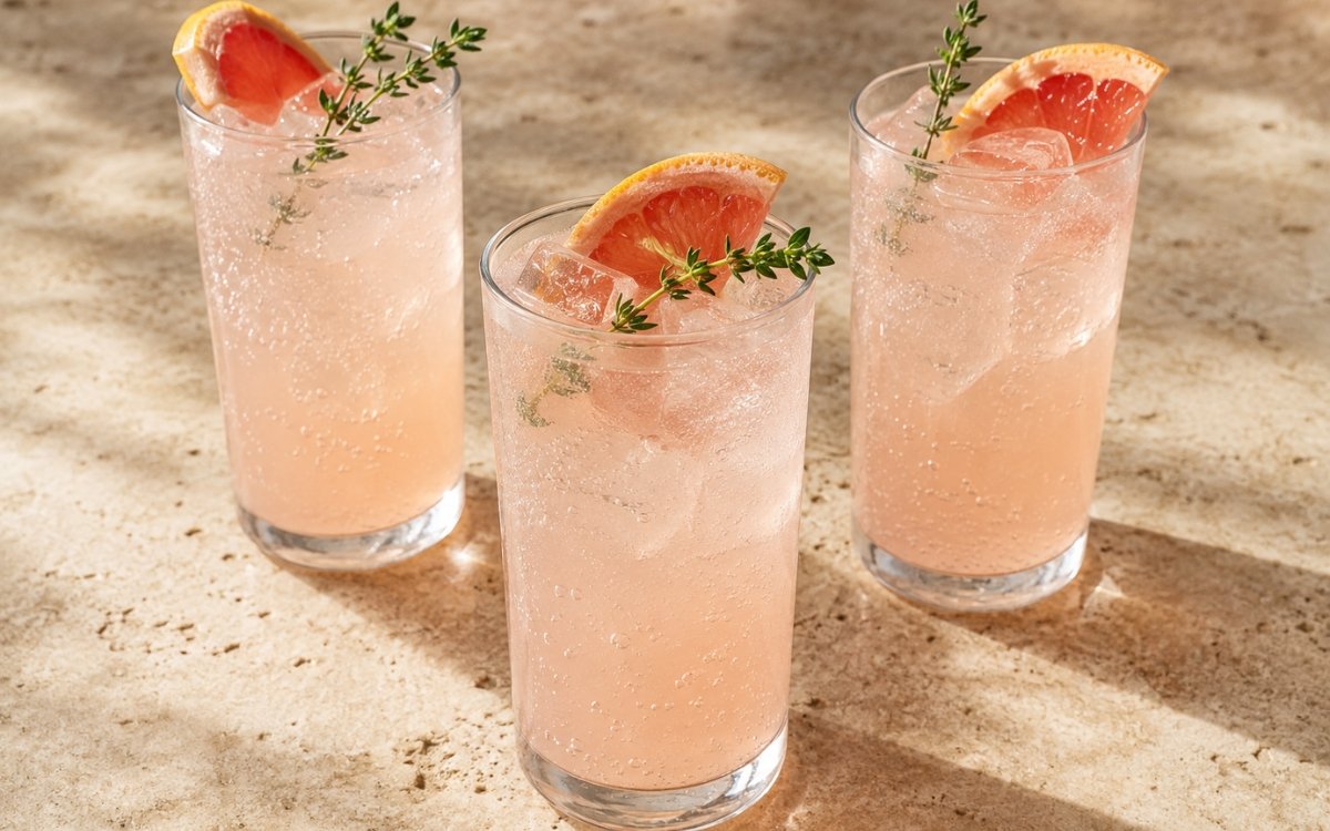 Thyme grapefruit sparkling cooler in a tall glass showing pale pink-gold sparkling drink over ice with a grapefruit wedge and fresh thyme sprig on marble surface