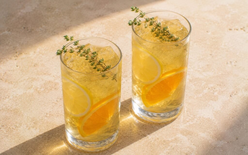 Thyme lemon orange green tea cooler in a tall glass showing pale golden-green still drink over ice with lemon and orange slices and a fresh thyme sprig on marble surface