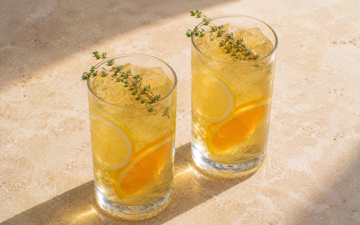 Thyme lemon orange green tea cooler in a tall glass showing pale golden-green still drink over ice with lemon and orange slices and a fresh thyme sprig on marble surface