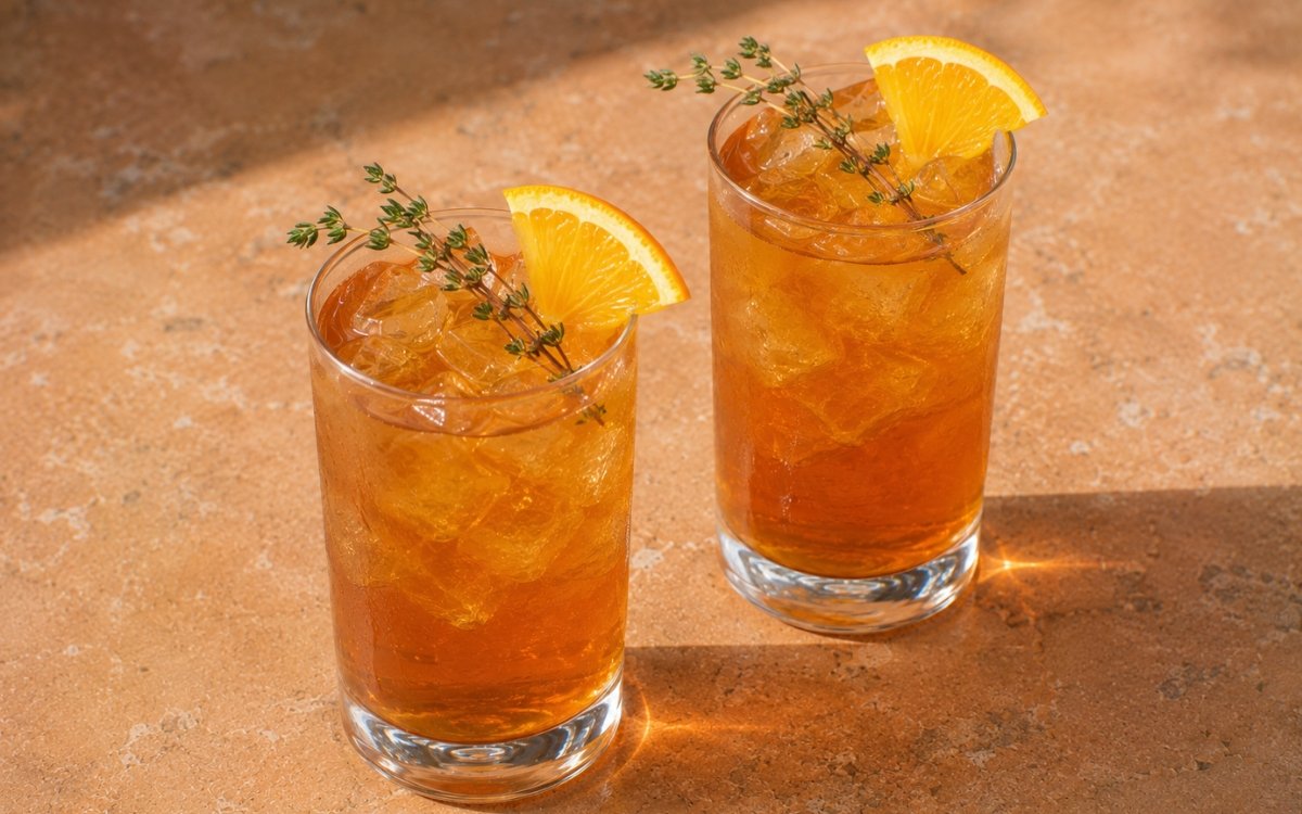 Thyme orange iced tea in a tall glass showing pale amber still drink over ice with an orange wedge and fresh thyme sprigs on marble surface