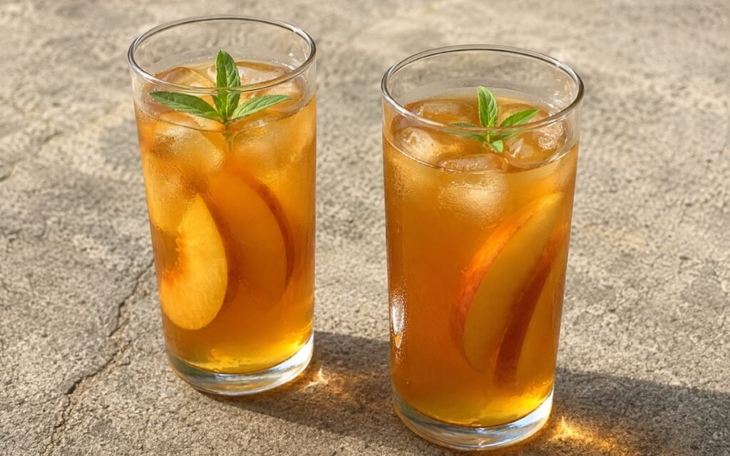 Verbena peach iced black tea in a tall glass showing pale amber still drink over ice with peach slices, fresh verbena leaves, and a lemon peel twist on marble surface