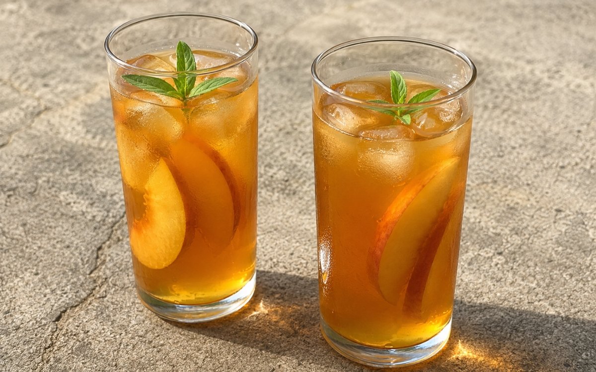 Verbena peach iced black tea in a tall glass showing pale amber still drink over ice with peach slices, fresh verbena leaves, and a lemon peel twist on marble surface