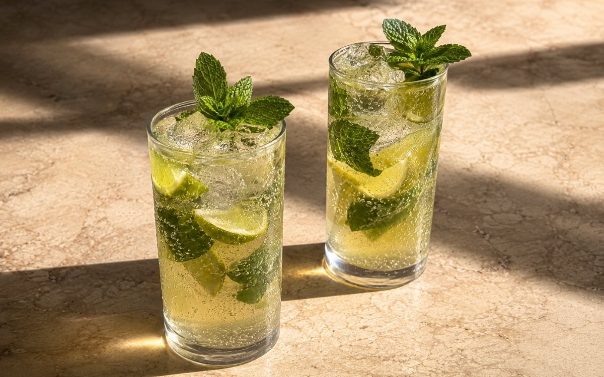 Virgin mojito mocktail in tall highball glasses with pale golden-green sparkling liquid, multiple lime wheel slices inside the glass and generous fresh mint sprig on a warm marble surface