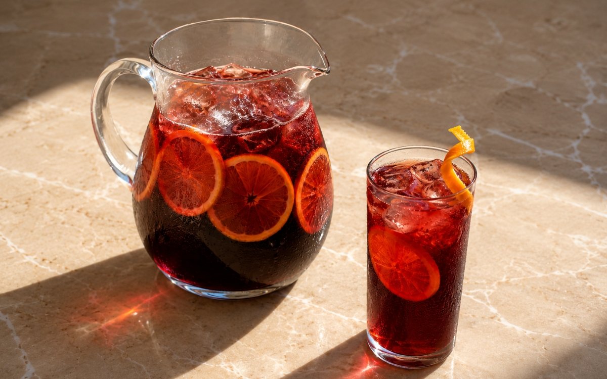 Virgin Spanish sangria in a glass pitcher with deep red liquid and orange wheel slices beside a tall highball glass with sangria and orange peel twist on a warm marble surface