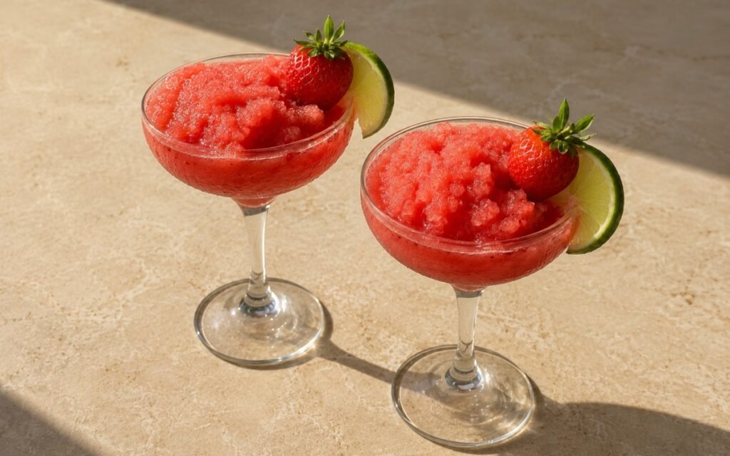 Virgin strawberry daiquiri in coupe glasses with thick frozen pink-red strawberry granita, fresh strawberry with stem and lime wedge on the rim on a warm beige marble surface