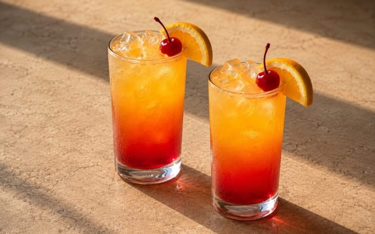 Virgin tequila sunrise mocktail in tall highball glasses with deep red-to-golden sunrise gradient liquid, ice cubes, orange wedge and maraschino cherry on a warm stone surface