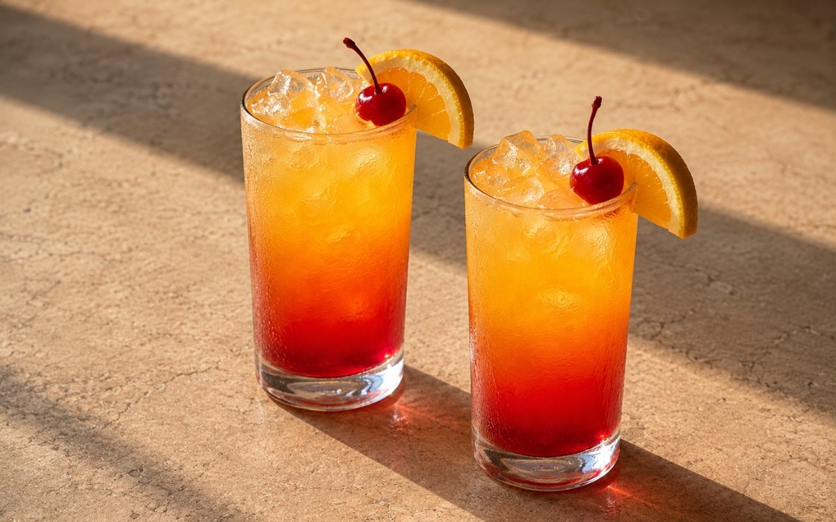 Virgin tequila sunrise mocktail in tall highball glasses with deep red-to-golden sunrise gradient liquid, ice cubes, orange wedge and maraschino cherry on a warm stone surface