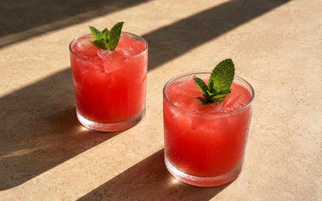 Watermelon agua fresca in short rocks glasses with vivid bright pink-red watermelon liquid over ice cubes and fresh mint sprig on a warm beige marble surface