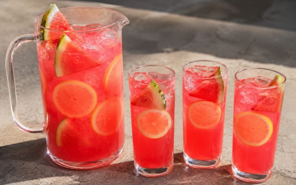 Large watermelon lemonade pitcher showing vivid pink-red still drink with lemon slices and thin watermelon slices visible on marble surface