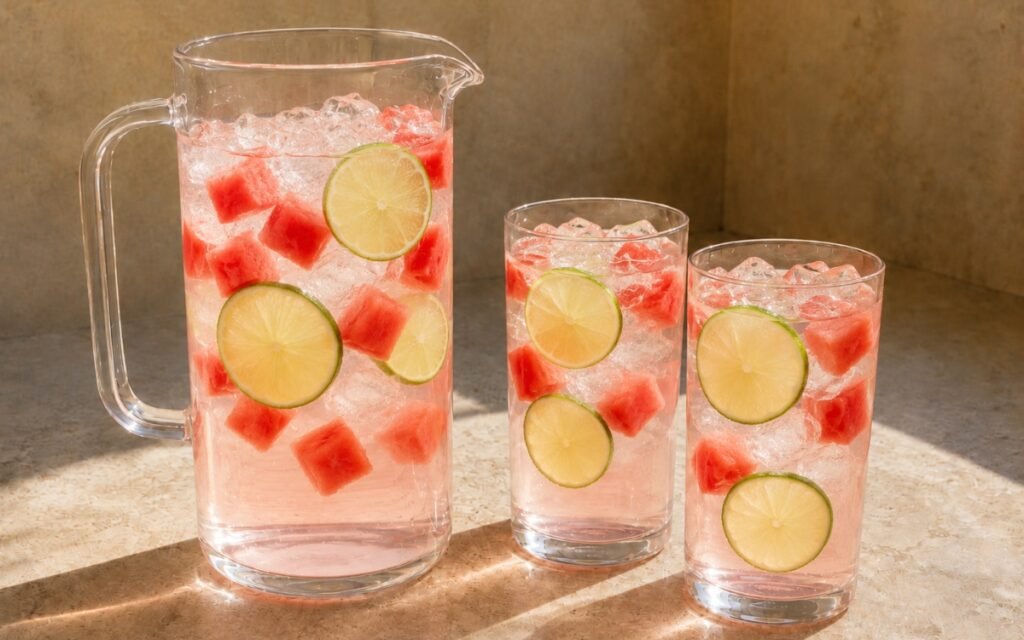 Watermelon lime infused water in a large pitcher showing very pale blush water with watermelon chunks and lime rounds visible throughout on marble surface