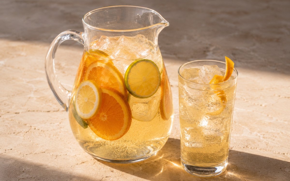 White sangria mocktail in a glass pitcher with pale golden liquid and citrus rounds beside a tall highball glass with white sangria and orange peel twist on a warm marble surface