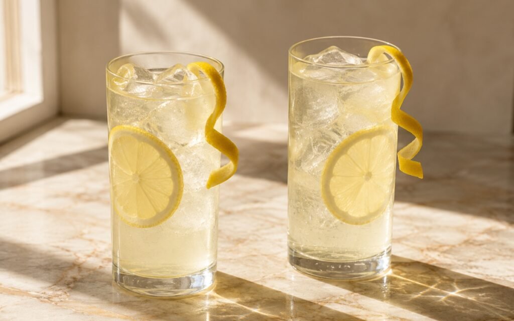 White tea lemonade in a tall glass showing pale clear-yellow still drink over ice with a lemon slice against the glass on marble surface