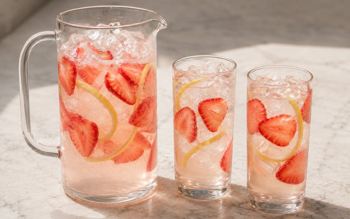 Large white tea strawberry pitcher showing very pale blush still drink with fresh strawberry slices and lemon peel twists visible on marble surface